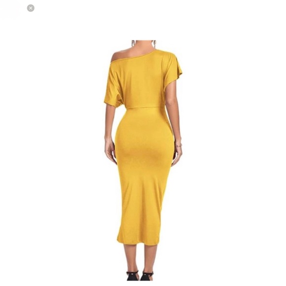 Women’s One Off Shoulder Ruched Wrap Front Dress, Yellow - Picture 2 of 3